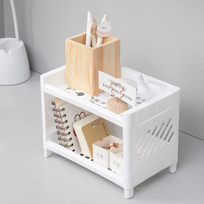 1PC PP Desktop Double Layer Storage Rack Rectangular White Organizing Student Desk Office Cosmetics Stationery Leedoar