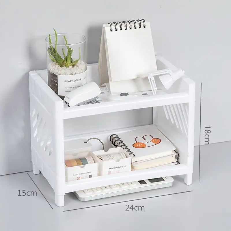 1PC PP Desktop Double Layer Storage Rack Rectangular White Organizing Student Desk Office Cosmetics Stationery Leedoar