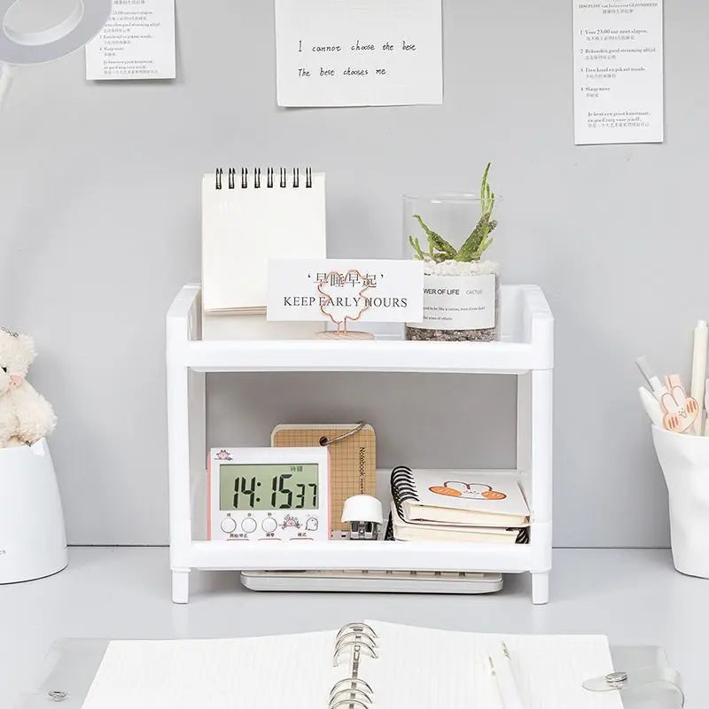 1PC PP Desktop Double Layer Storage Rack Rectangular White Organizing Student Desk Office Cosmetics Stationery Leedoar