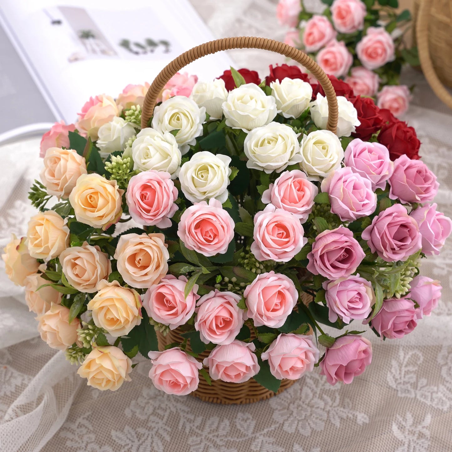 1PC Roses Artificial Flowers 10 Heads Fake Roses Silk Flowers with Stems Artificial Roses for Decoration Bouquet of Flowers Wedd Leedoar