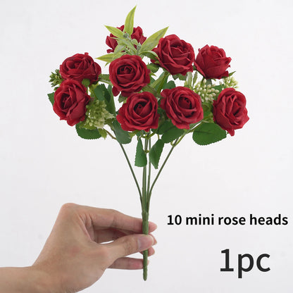 1PC Roses Artificial Flowers 10 Heads Fake Roses Silk Flowers with Stems Artificial Roses for Decoration Bouquet of Flowers Wedd Leedoar