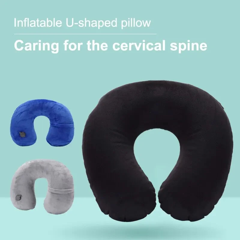 1PC U-shaped Travel Pillow Portable Inflatable Neck Cervical Spine Support Short Plush Cushion Office Sleep Essentials Leedoar