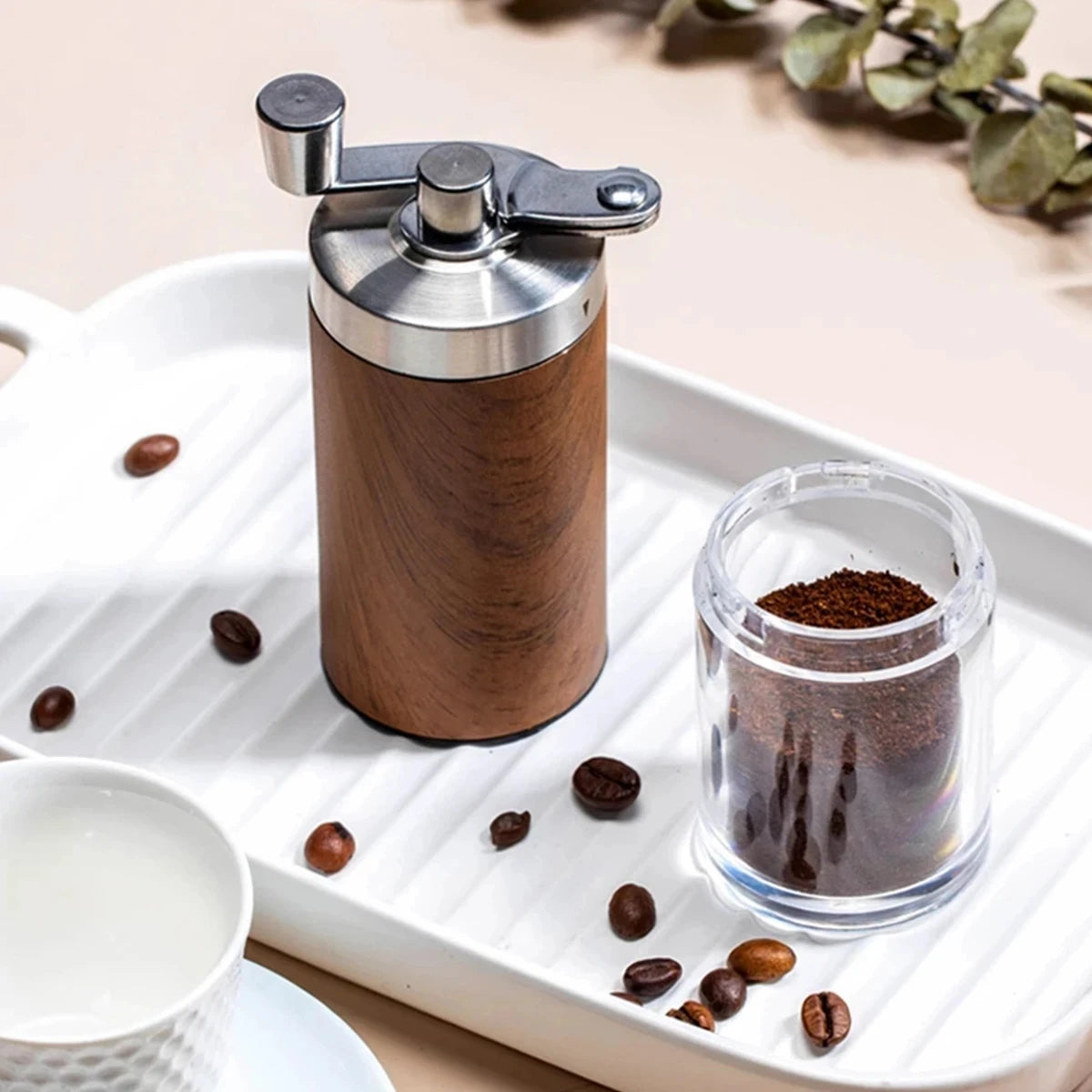 1PCS Coffee Bean Grinder Portable Wood Grain Stainless Steel Crank Hand Hand Coffee Grinder Kitchen Tool Grinder Leedoar