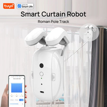 1PCS Tuya Smart Curtain Robot, Roman Rod Track, APP Control,Single/Double (Works With Tuya Gateway For Remote Control） Leedoar