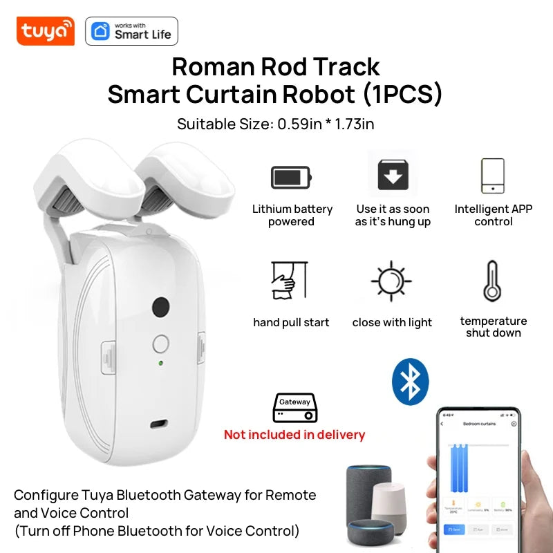 1PCS Tuya Smart Curtain Robot, Roman Rod Track, APP Control,Single/Double (Works With Tuya Gateway For Remote Control） Leedoar