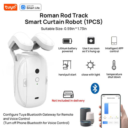 1PCS Tuya Smart Curtain Robot, Roman Rod Track, APP Control,Single/Double (Works With Tuya Gateway For Remote Control） Leedoar