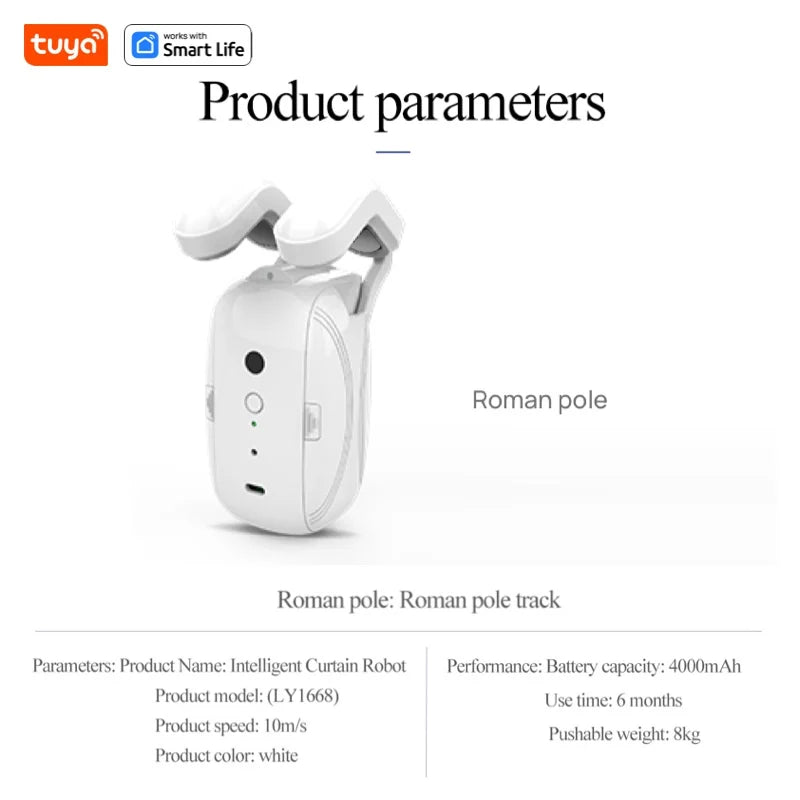 1PCS Tuya Smart Curtain Robot, Roman Rod Track, APP Control,Single/Double (Works With Tuya Gateway For Remote Control） Leedoar