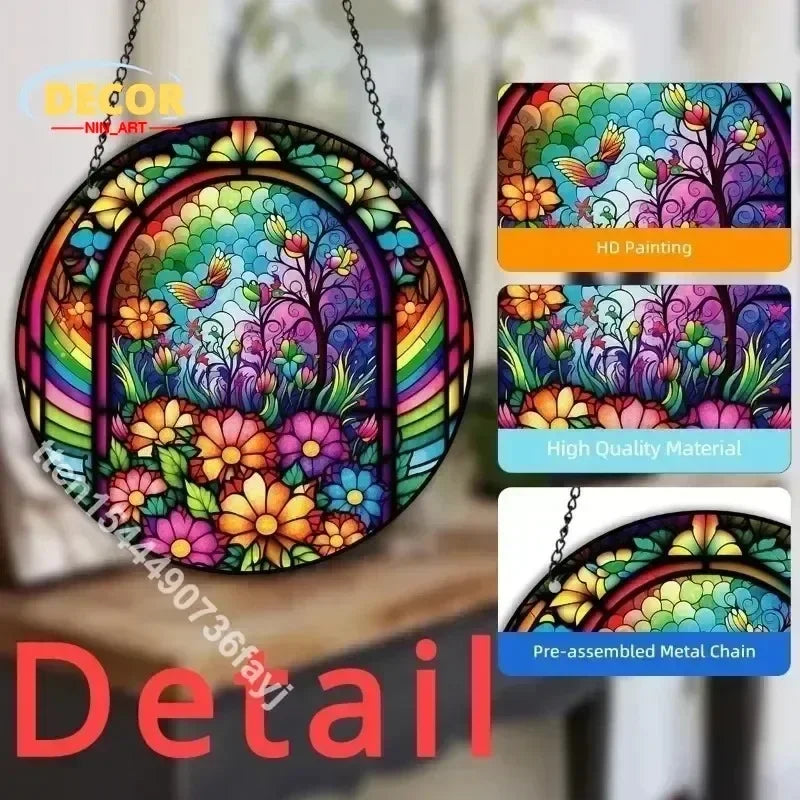 1 pieza de atrapasueños de flores de colores con diseño de colibrí y patrón de vidrio para ventanas, letrero de aluminio de 8 x 12 pulgadas 