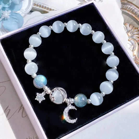 1 pulsera de piedra de ópalo de color azul y morado para mujeres y niñas, pulseras de cristal brillante, brazaletes con colgante de luna y estrella, pulsera de joyería 