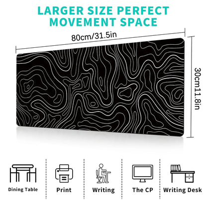 1Pcs Gaming Mouse Pad Grande Teclado Pad 31,5 x 11,8 pol. Mouse Pad Topográfico Preto e Branco Mouse Pad para Teclado com Anti-Sl 