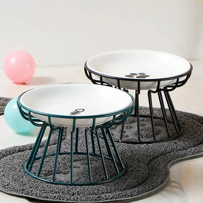 1Set Pet Ceramic Bowl Iron Rack Cat Food Snacks Canned Plate Anti-black Chin Anti-turning Water Does Not Leak Easy To Eat Leedoar