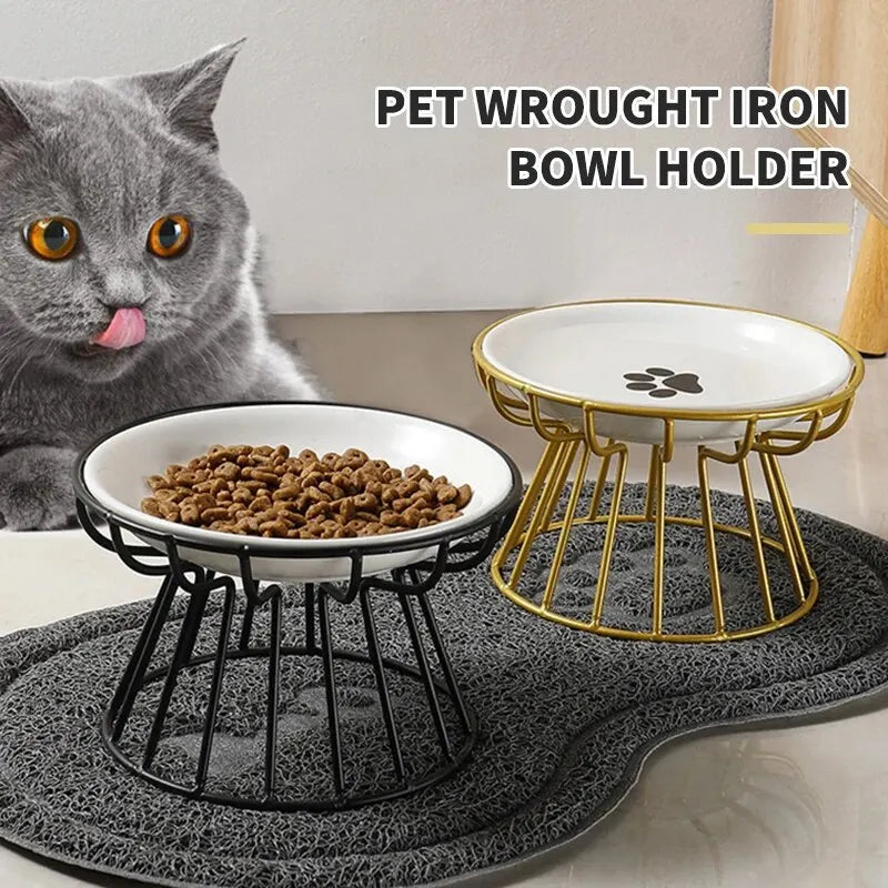 1Set Pet Ceramic Bowl Iron Rack Cat Food Snacks Canned Plate Anti-black Chin Anti-turning Water Does Not Leak Easy To Eat Leedoar