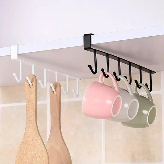 1 soporte para taza de café con 6 ganchos, color blanco y negro, multifunción, para armario de cocina, organizador de artículos diversos, colgador de almacenamiento 