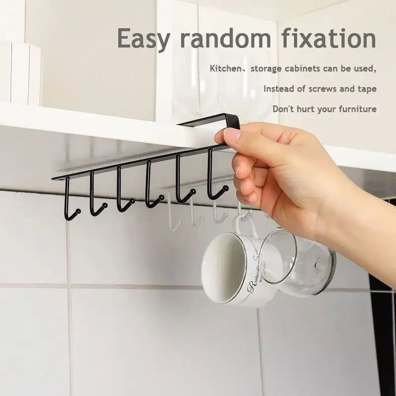 1pc 6 Hook Coffee Cup Mug Holder Black White Hooks Shelf Multifunction Kitchen Cabinet Sundries Organizer Storage Hanger Leedoar