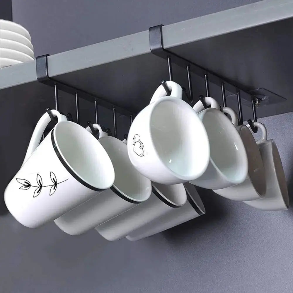 1pc 6 Hook Coffee Cup Mug Holder Black White Hooks Shelf Multifunction Kitchen Cabinet Sundries Organizer Storage Hanger Leedoar