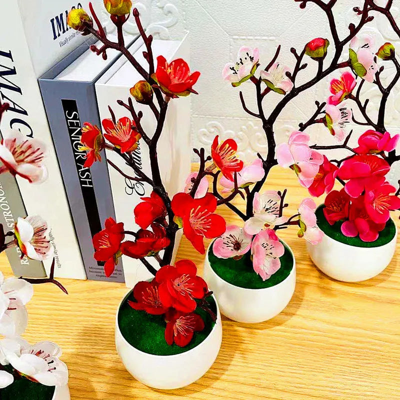 1pc Simulação de estilo chinês Wintersweet com vaso de flores, adequado para sala de estar, armário, decoração de mesa