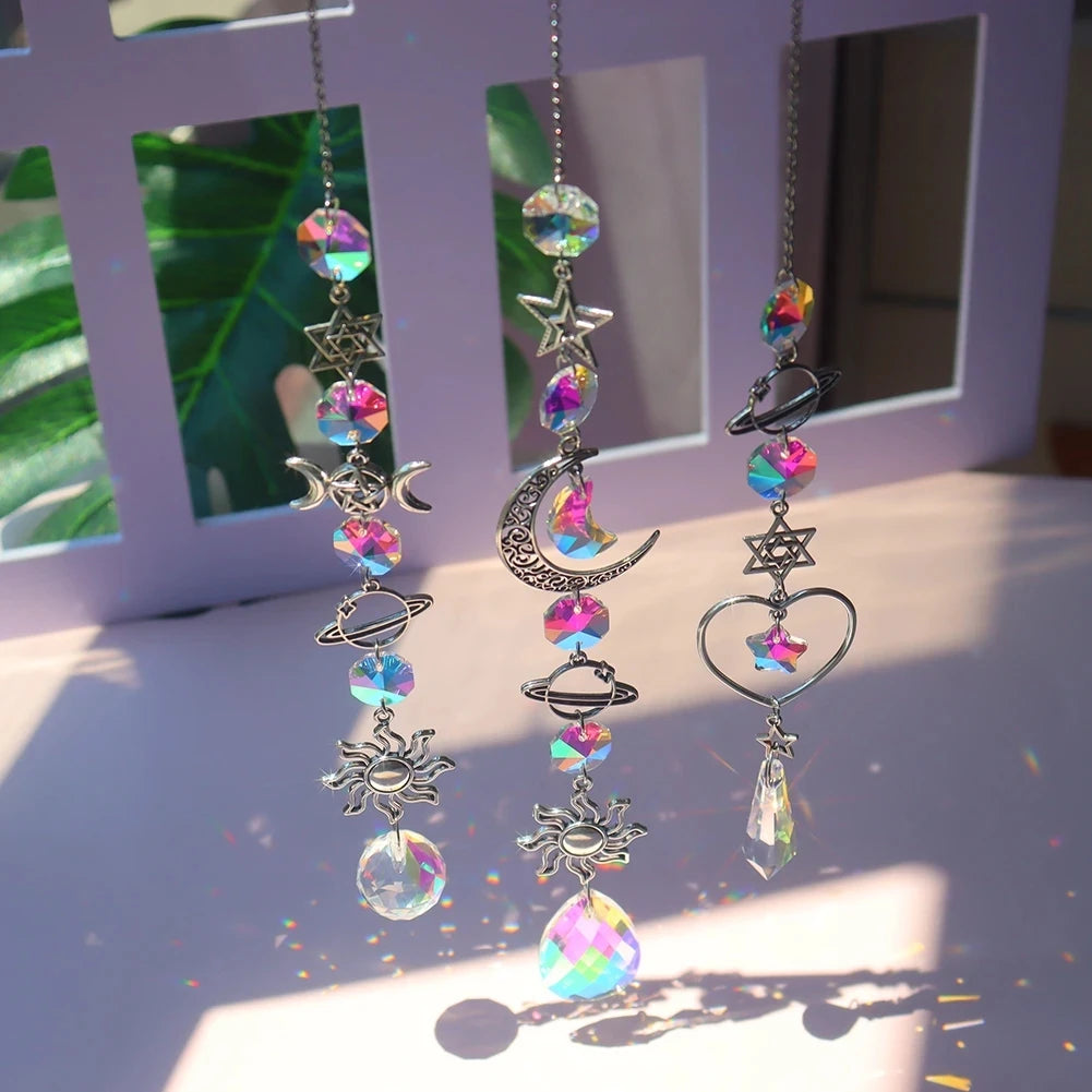 1pc Crystal Wind Chime Moon Sun Catcher Diamond Prisms Pendant Dream Catcher Rainbow Hanging Drop Home Garden Decor Windchime Leedoar