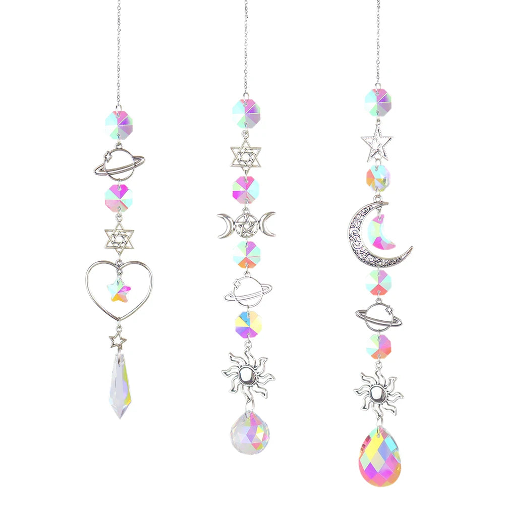 1pc Crystal Wind Chime Moon Sun Catcher Diamond Prisms Pendant Dream Catcher Rainbow Hanging Drop Home Garden Decor Windchime Leedoar