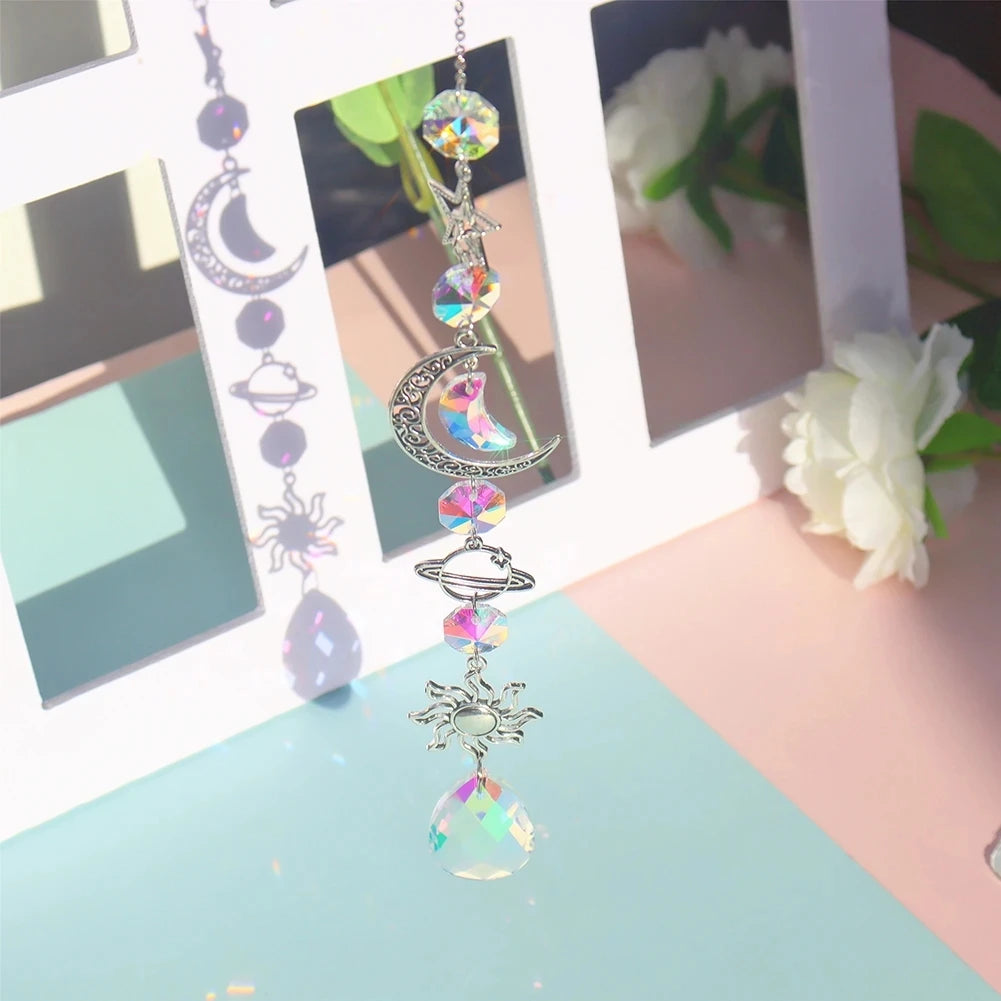 1pc Crystal Wind Chime Moon Sun Catcher Diamond Prisms Pendant Dream Catcher Rainbow Hanging Drop Home Garden Decor Windchime Leedoar