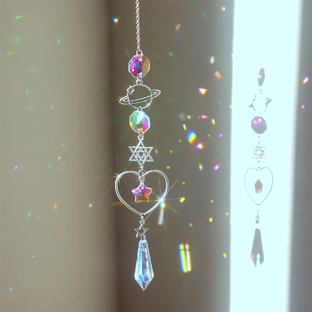 1pc Crystal Wind Chime Moon Sun Catcher Diamond Prisms Pendant Dream Catcher Rainbow Hanging Drop Home Garden Decor Windchime Leedoar