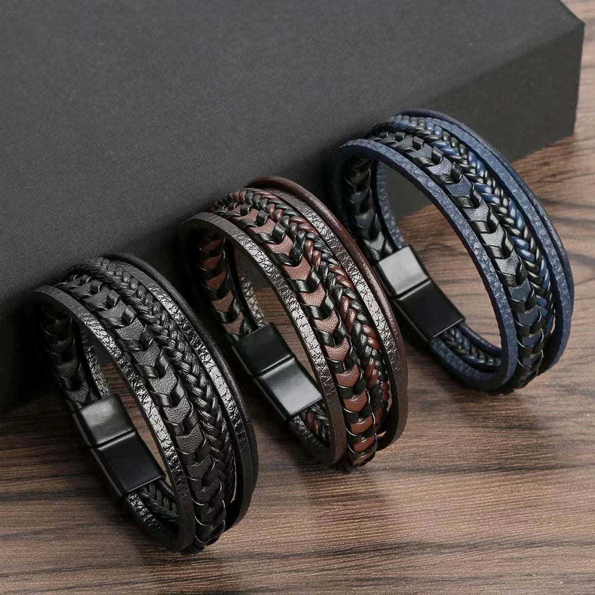 1pc Fashion Accessories MEN'S Multi-layered Vintage Leather Rope Braided Bracelet Alloy Magnetic Buckle Bracelet Leedoar