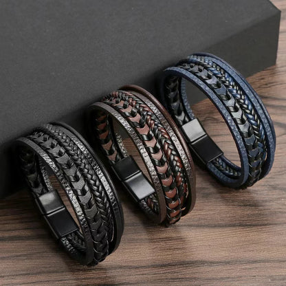 1pc Fashion Accessories MEN'S Multi-layered Vintage Leather Rope Braided Bracelet Alloy Magnetic Buckle Bracelet Leedoar