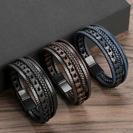 1 pieza de accesorios de moda para hombre, pulsera trenzada de cuerda de cuero vintage de múltiples capas, pulsera con hebilla magnética de aleación 