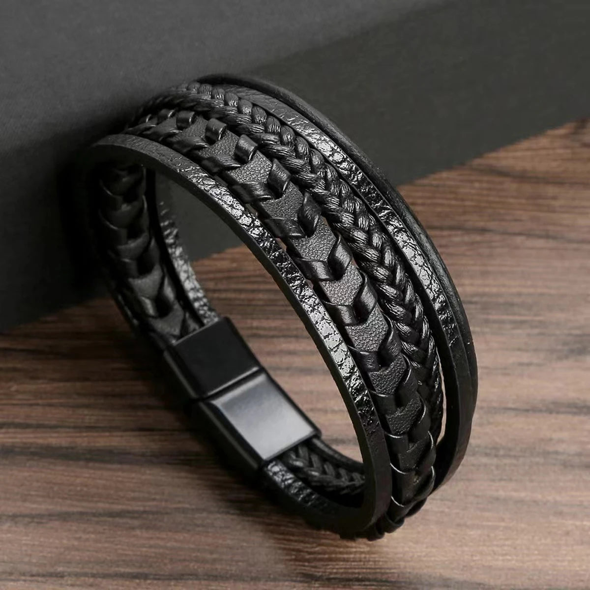 1pc Fashion Accessories MEN'S Multi-layered Vintage Leather Rope Braided Bracelet Alloy Magnetic Buckle Bracelet Leedoar