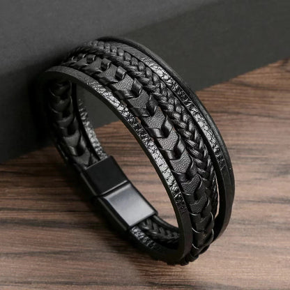 1pc Fashion Accessories MEN'S Multi-layered Vintage Leather Rope Braided Bracelet Alloy Magnetic Buckle Bracelet Leedoar