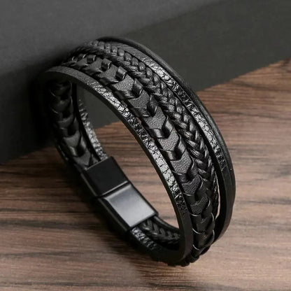 1pc Fashion Accessories MEN'S Multi-layered Vintage Leather Rope Braided Bracelet Alloy Magnetic Buckle Bracelet Leedoar