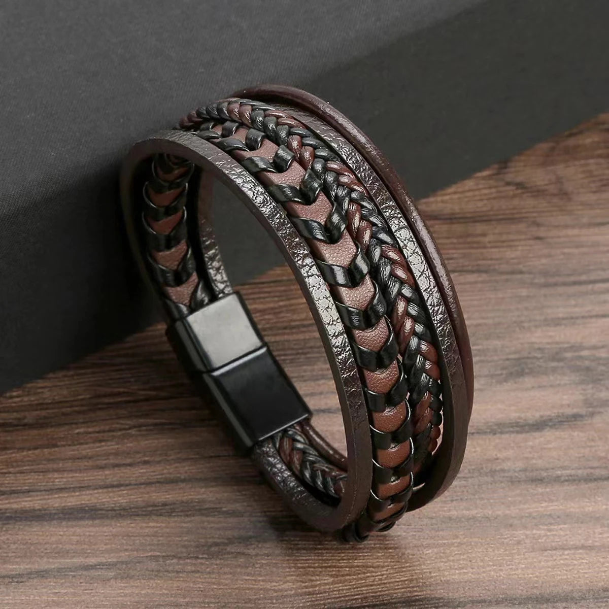 1pc Fashion Accessories MEN'S Multi-layered Vintage Leather Rope Braided Bracelet Alloy Magnetic Buckle Bracelet Leedoar