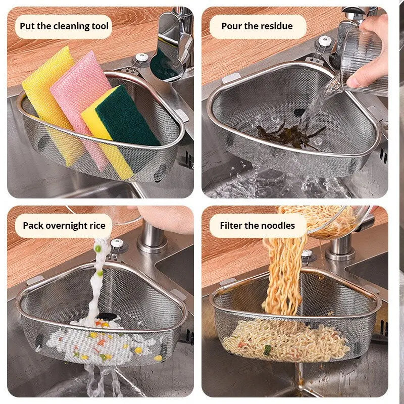 1pc Sink Triangle Drain Basket Stainless Steel Kitchen Residue Filter Net Basket Leakage Wash Vegetable Basket Storage Shelf Leedoar