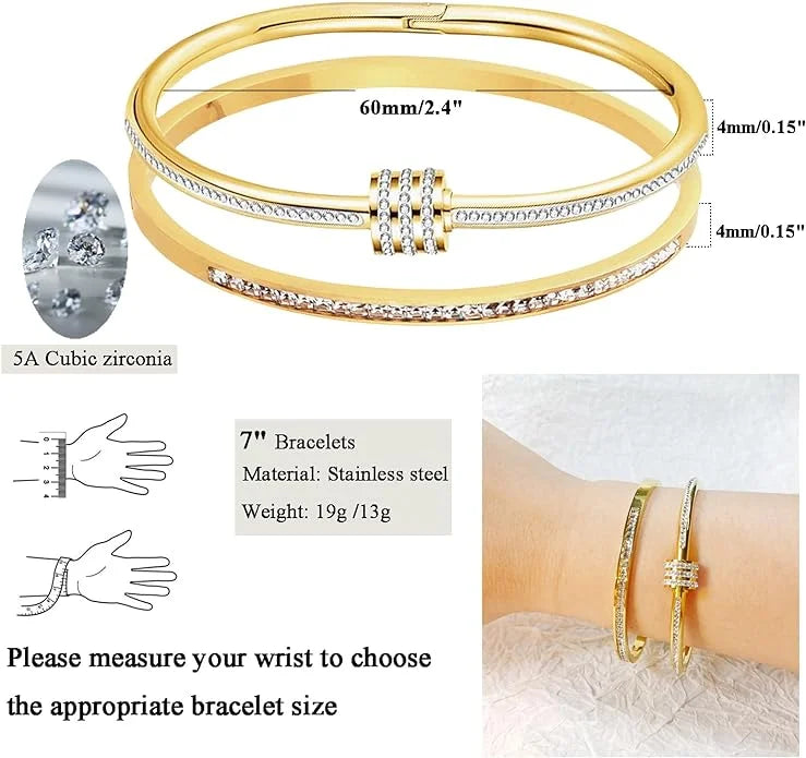 Pulsera de acero de titanio y oro de 1 pieza, estilo clásico de moda, pulsera de acero inoxidable, con incrustaciones de circonita, para uso diario de mujer 