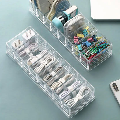 1pc Transparent Plastic 7Grids Desktop Data Cable Storage Box MobilePhone Charger Charging Cable Finishing Box Divided Grid Box Leedoar