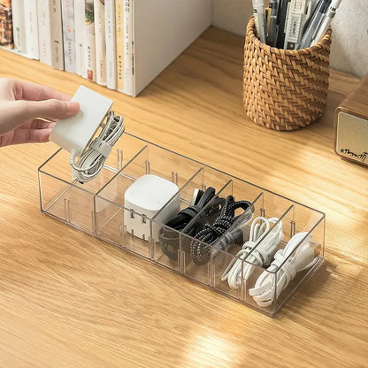 1pc Transparent Plastic 7Grids Desktop Data Cable Storage Box MobilePhone Charger Charging Cable Finishing Box Divided Grid Box Leedoar