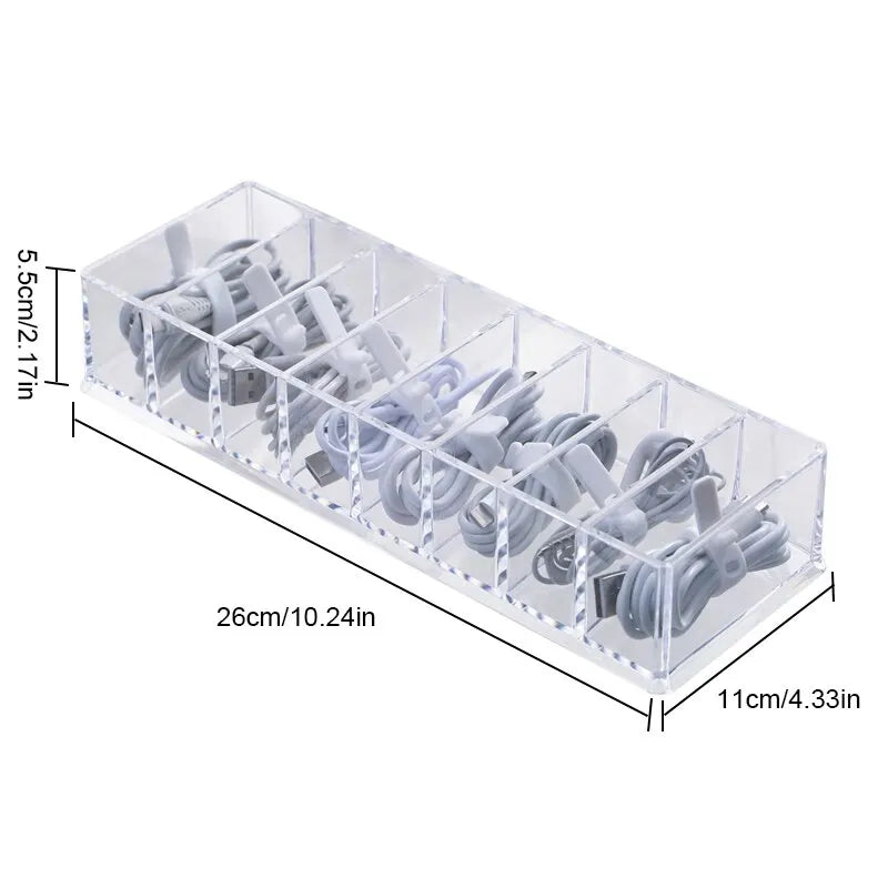 1pc Transparent Plastic 7Grids Desktop Data Cable Storage Box MobilePhone Charger Charging Cable Finishing Box Divided Grid Box Leedoar