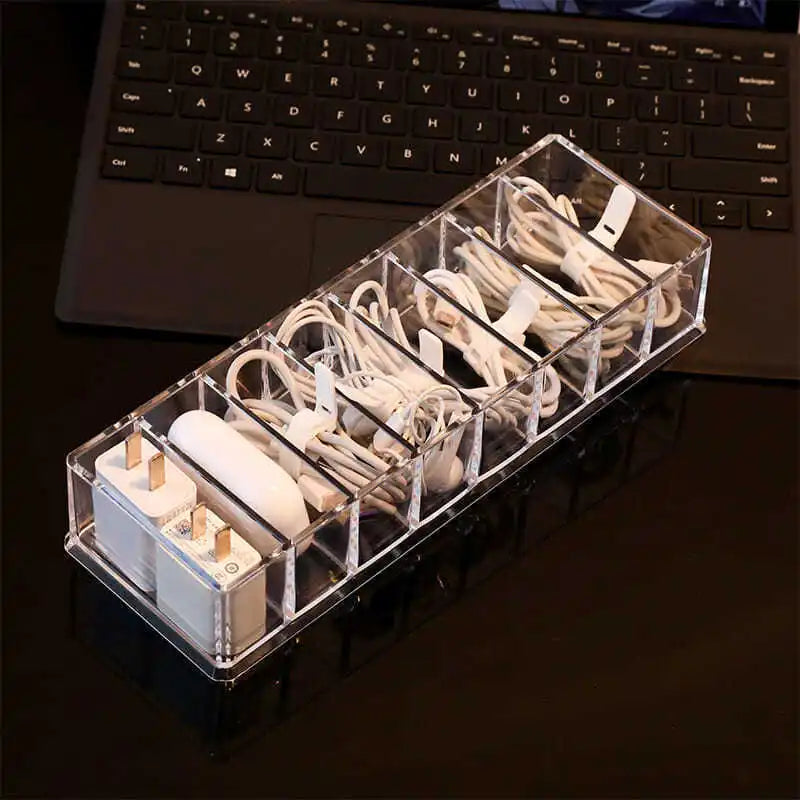 1pc Transparent Plastic 7Grids Desktop Data Cable Storage Box MobilePhone Charger Charging Cable Finishing Box Divided Grid Box Leedoar