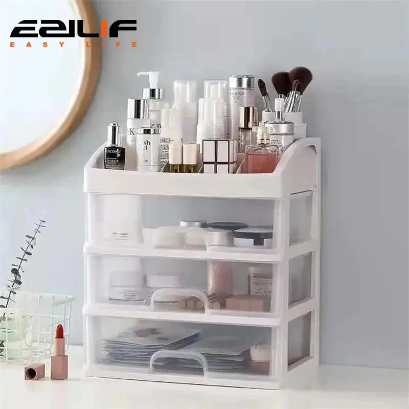 1pc Transparent Plastic Four Layer Three Drawer Desktop Drawer Style Cosmetic Storage Box Dressing Table Storage Rack Leedoar