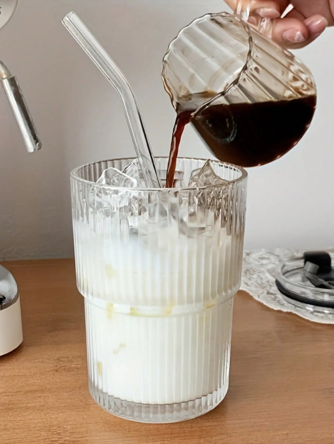 1 taza de vidrio con rayas verticales, taza de café helado, taza vintage transparente para agua, té, leche, jugo, copas de vino para cócteles 