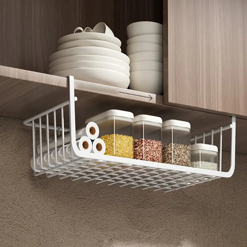 1pc White/Black Hanging Net Basket Iron Material Large Capacity Hanging Under Cabinet Wall Wardrobe Storage Basket Kitchen Tools Leedoar