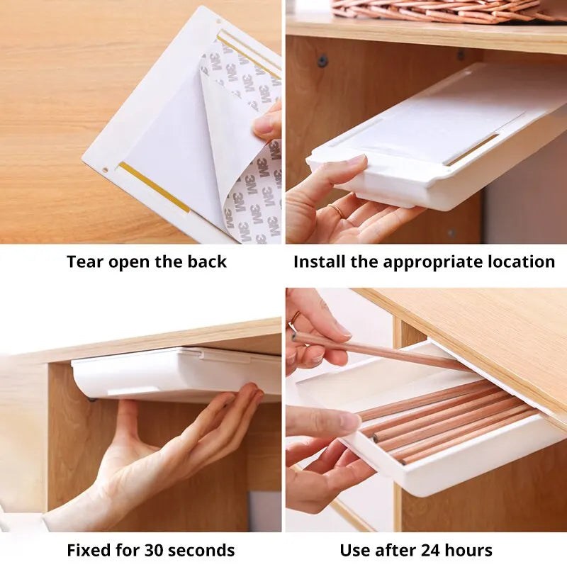 1pc White SelfAdhesive Storage Drawer Box Makeup Pencil Tray Desk Hidden Under Desk Stand Self-adhesive Under-drawer Storage Box Leedoar