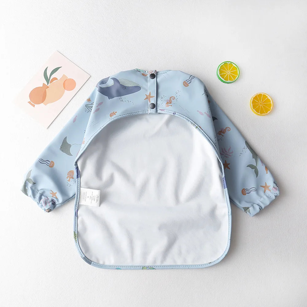 1pcs Children Feeding Aprons Long Sleeve Baby Bib With Pocket Full Cover Kid Gown With Bag Waterproof Long-Sleeve Smock Leedoar