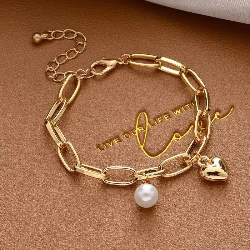 1 pulsera de color dorado para mujer, estilo sencillo, cadena cruzada gruesa con colgante de perla y cruz con cabeza humana de amor 