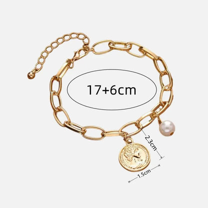 1 pulsera de color dorado para mujer, estilo sencillo, cadena cruzada gruesa con colgante de perla y cruz con cabeza humana de amor 