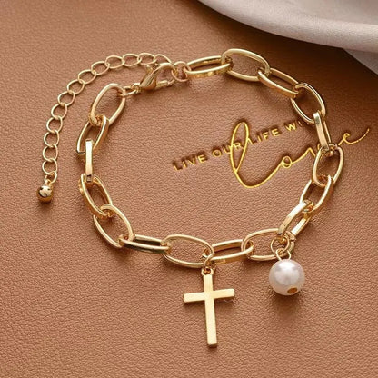 1 pulsera de color dorado para mujer, estilo sencillo, cadena cruzada gruesa con colgante de perla y cruz con cabeza humana de amor 