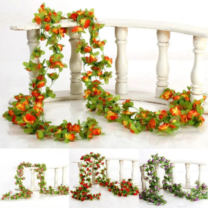 2.3m Long Artificial Silk Flowers Roses Ivy Vines Garland Wedding Party Christmas Garden Decor Fake Leaf Wall Hanging Rattan Leedoar