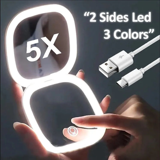 2 Face Sides Touch Compact Led 3 Cores Mini Dobrável Cosmético Carga Espelho de Maquiagem Com Luz 5X Ampliação Pequeno Bolso Viagem 