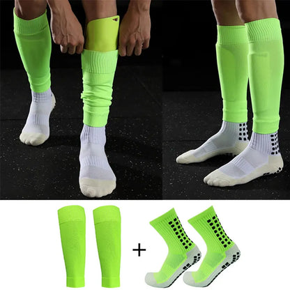 2 Pairs Set Men Grip Soccer Socks and Calf Sleeves Adult Youth Non Slip Leg Cover Guards for Basketball Football Sports Socks Leedoar