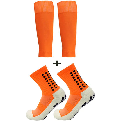 2 Pairs Set Men Grip Soccer Socks and Calf Sleeves Adult Youth Non Slip Leg Cover Guards for Basketball Football Sports Socks Leedoar