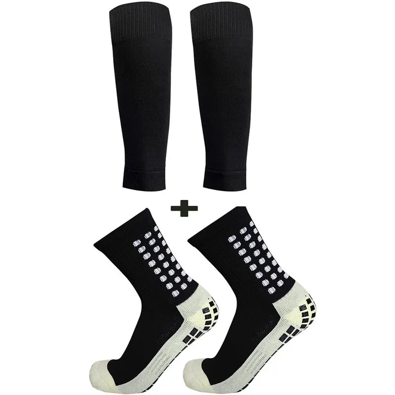 2 Pairs Set Men Grip Soccer Socks and Calf Sleeves Adult Youth Non Slip Leg Cover Guards for Basketball Football Sports Socks Leedoar